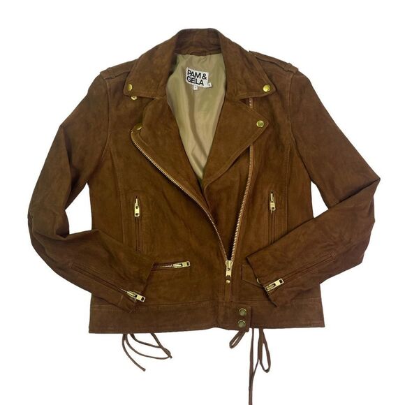 Pam & Gela Suede Chocolate Brown Lace-Up Moto Jacket - Picture 6 of 9
